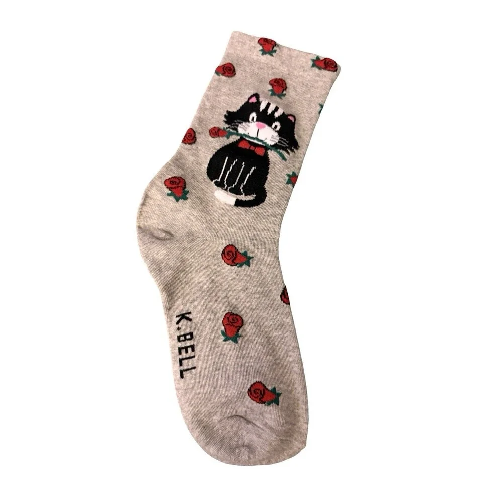 K Bell Womens Crew Socks 2 Pair Lot Cat Roses Gray Novelty Size 8-12 New